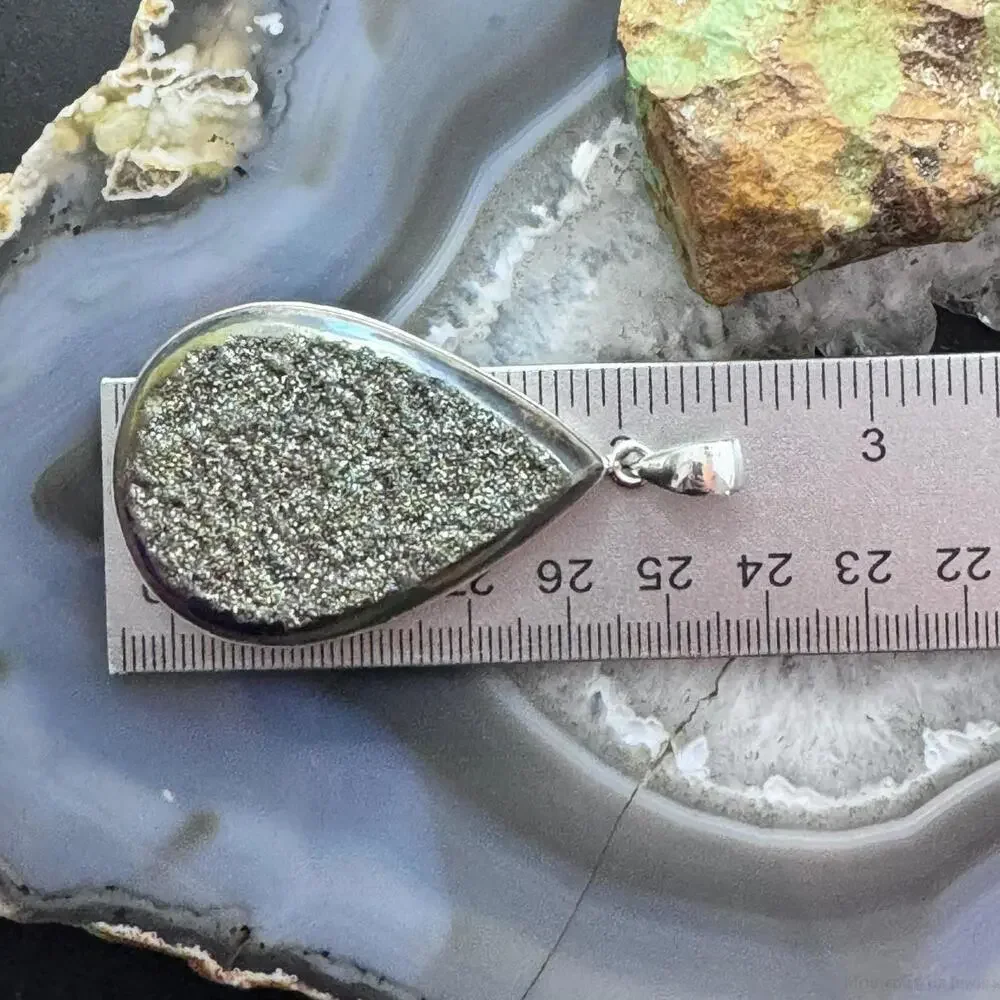 Sterling Silver Large Teardrop Druzy Quartz Double Sided Fashion Pendant